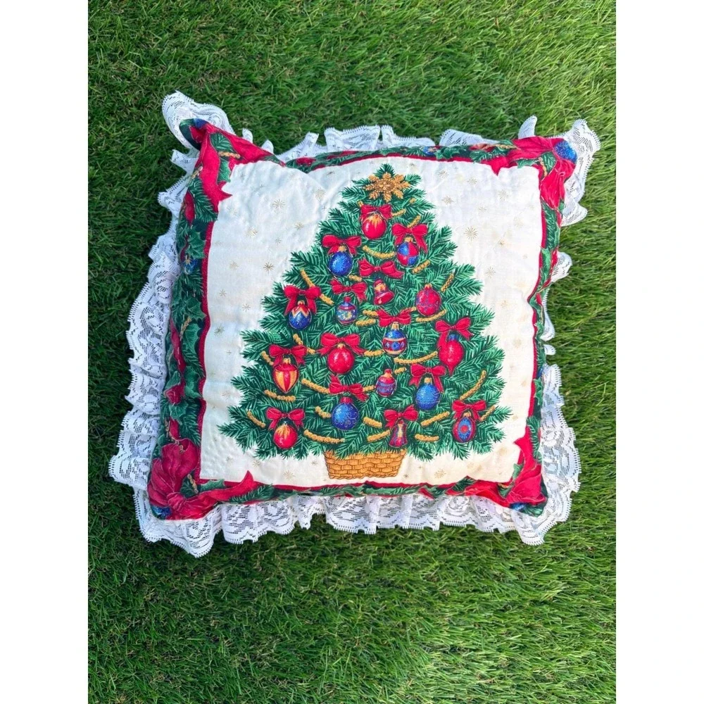 Vintage Quilted Christmas Tree Throw Pillow White Lace Ruffle Trim Holiday Decor